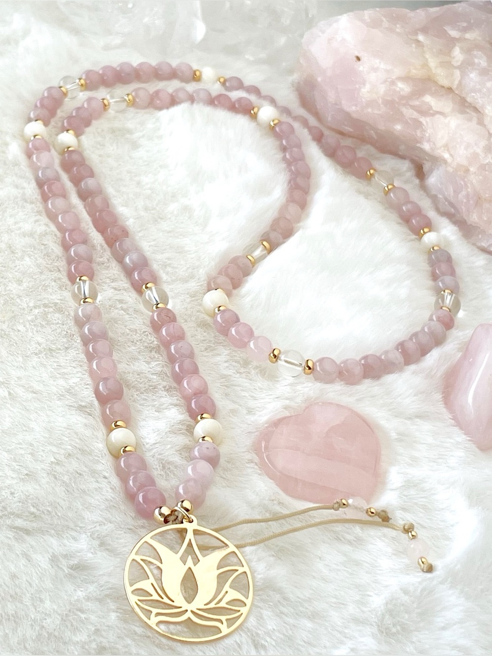 Madagascar Rose Quartz Lotus 108 Bead Mala Necklace Meditation Healing Love
